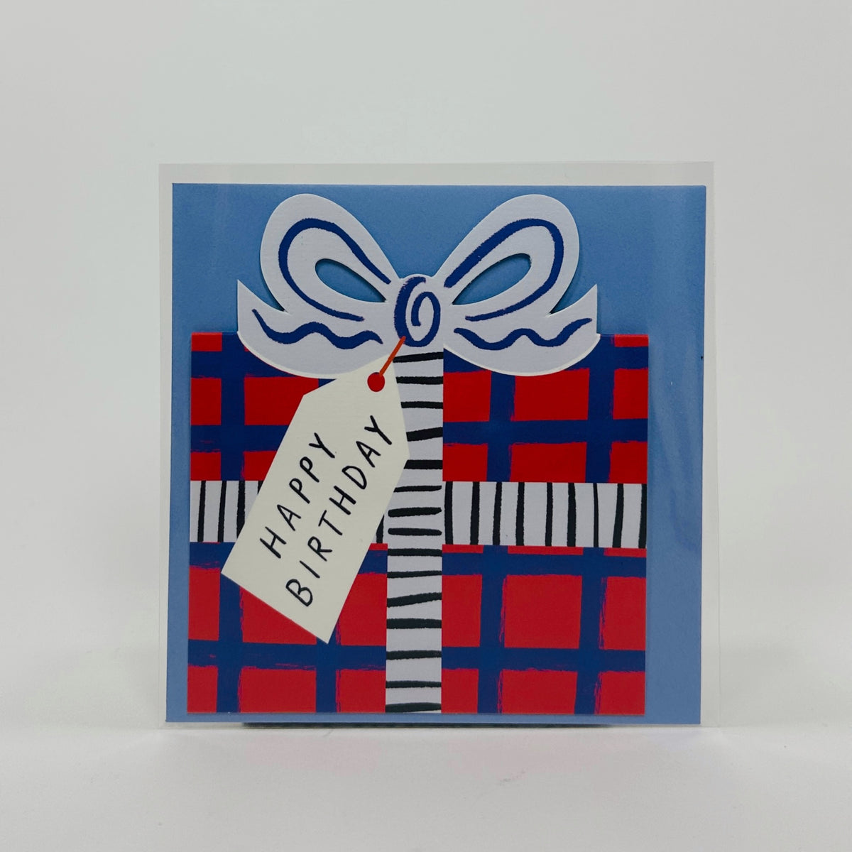 Birthday Bow Blue Red Check - Kitty Kenda Card