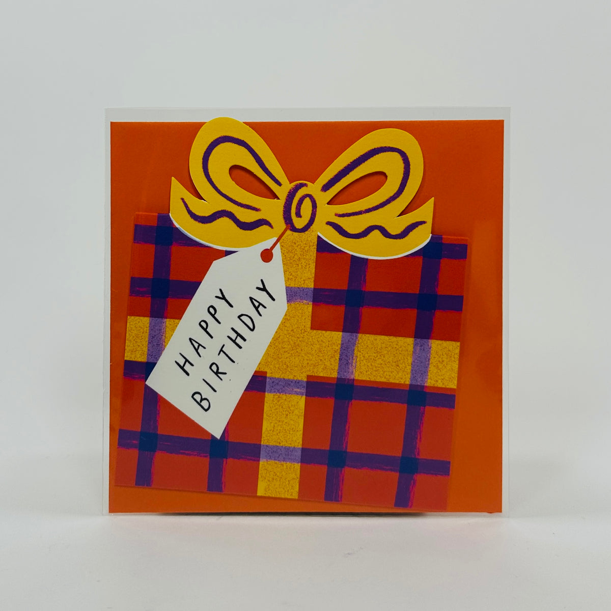 Birthday Bow Orange Yellow Check - Kitty Kenda Card