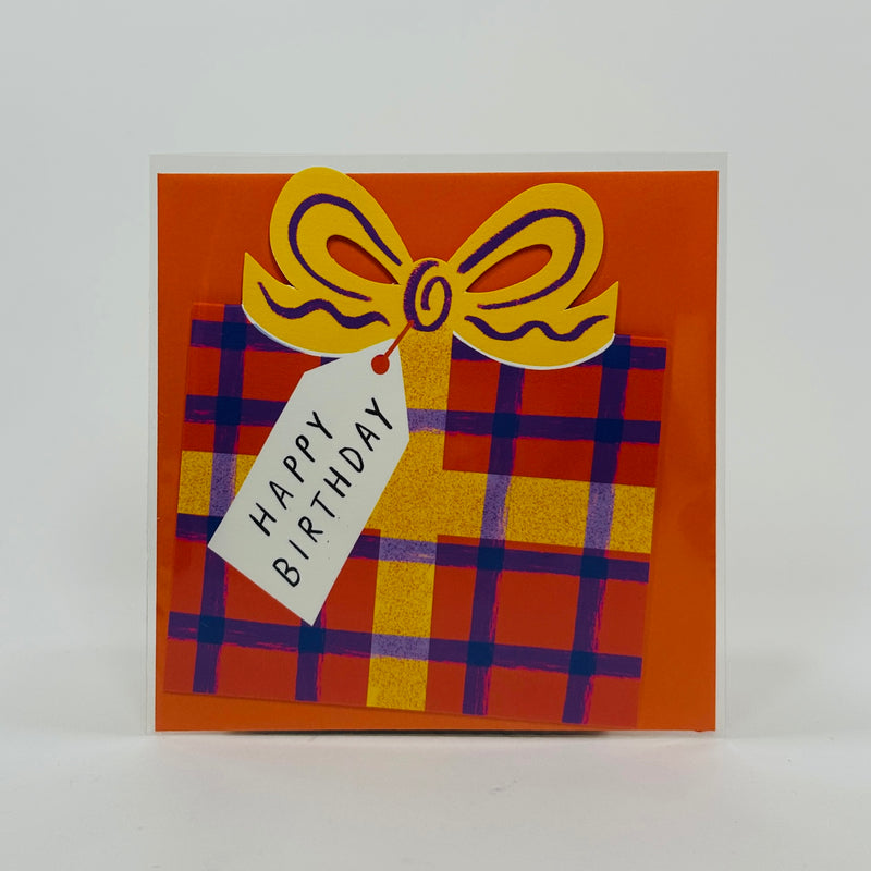 Birthday Bow Orange Yellow Check - Kitty Kenda Card