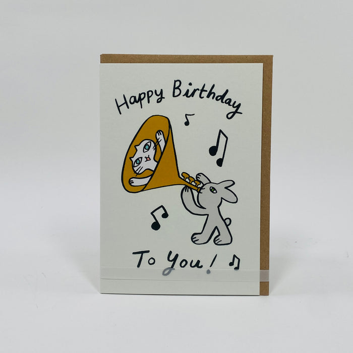 Happy Birthday Cat Trumpet - Wrap Card